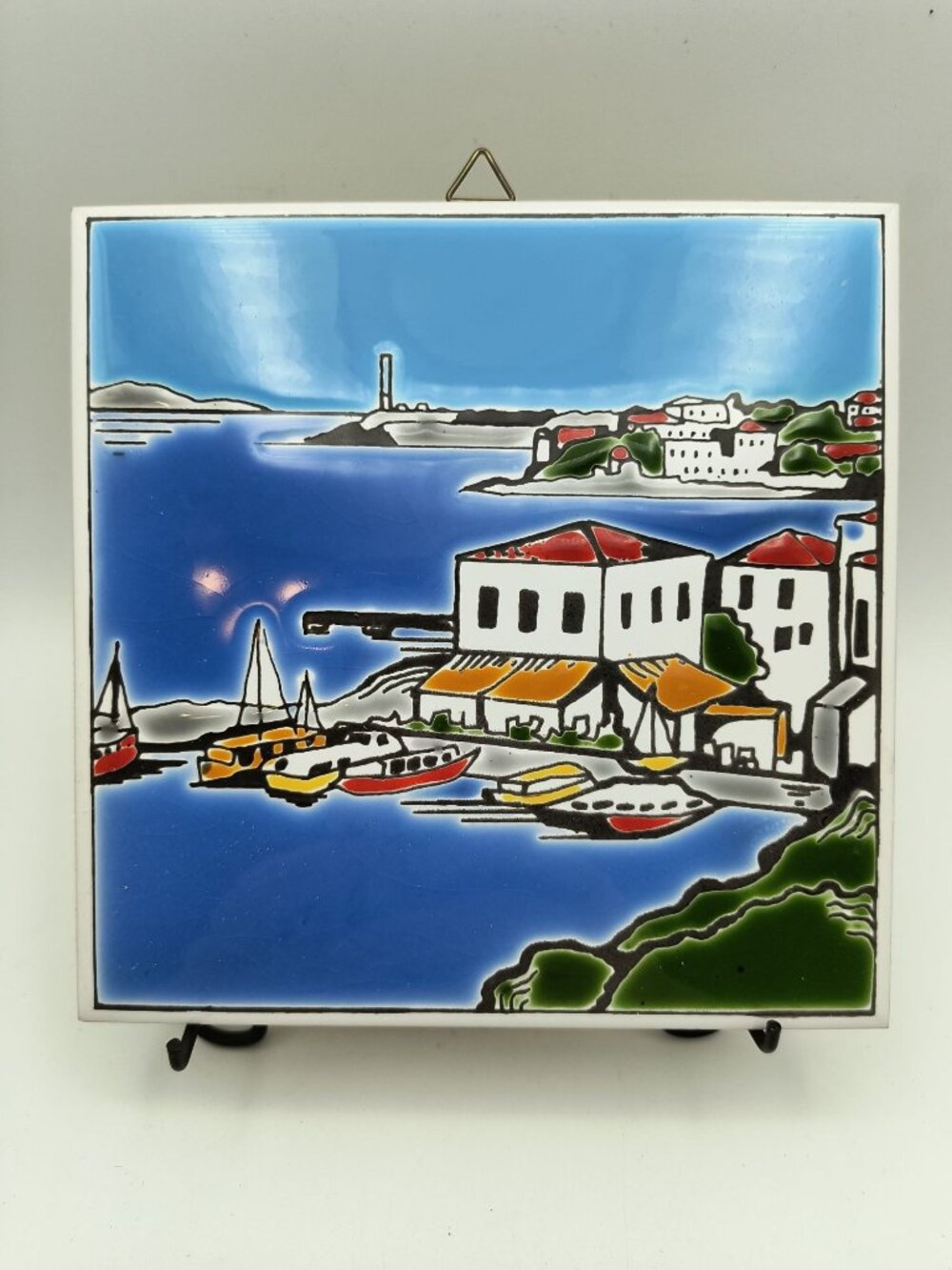 Hand-Painted Grecian Ceramic Wall Tile Mediterranean Coastal Village Scene